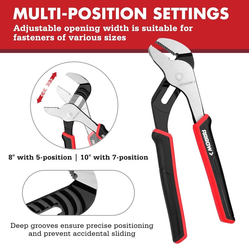 Arrow Fastener ARROW 2-Piece Groove Joint Pliers, 8" & 10" Adjustable Water Pump Pliers with TPR Handle, High Carbon Steel Tongue and Groove Plier for Plumbing, Automotive and Household Repairs - Image 5
